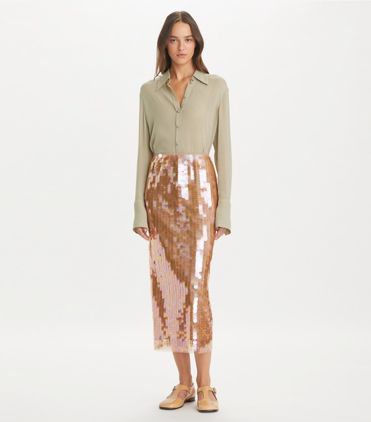 Tory Burch designer tops Cuffed Viscose Shirt in Gray Taupe on model front