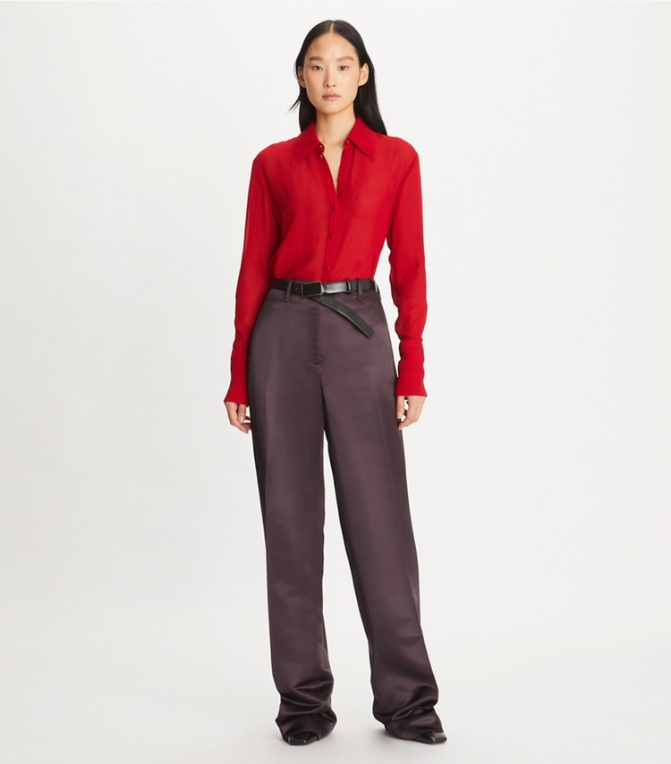 Tory Burch designer tops Cuffed Viscose Shirt in Crimson Clover on model front