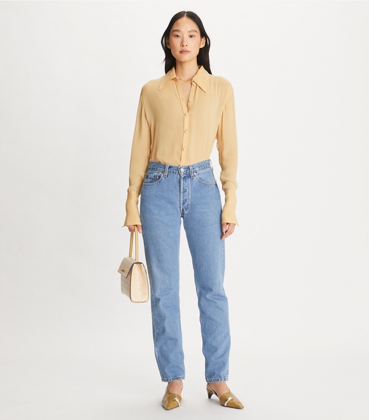 Tory Burch designer tops Cuffed Viscose Shirt in Warm Vanilla on model front