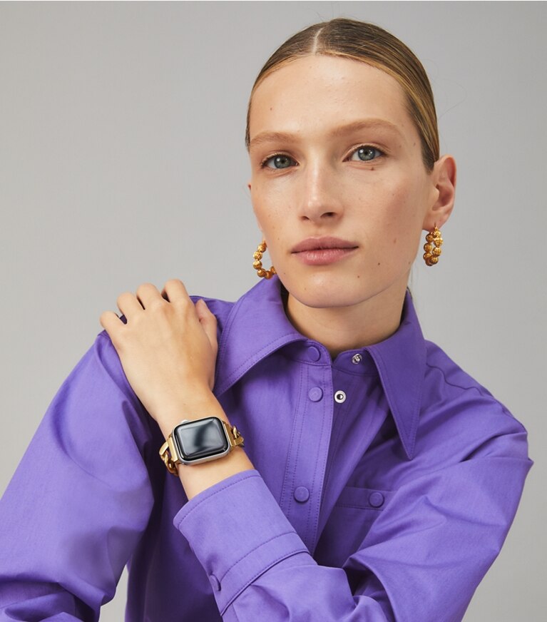 Tory Burch designer watches tory track smart watches Curb Link Band for Apple Watch®, Gold-Tone/Silver, 38 MM – 40 MM in GOLD/SILVER front