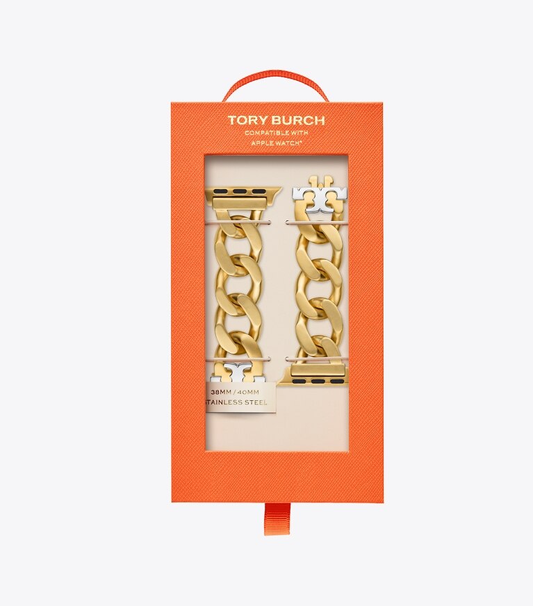 Tory Burch designer watches tory track smart watches Curb Link Band for Apple Watch®, Gold-Tone/Silver, 38 MM – 40 MM in GOLD/SILVER front