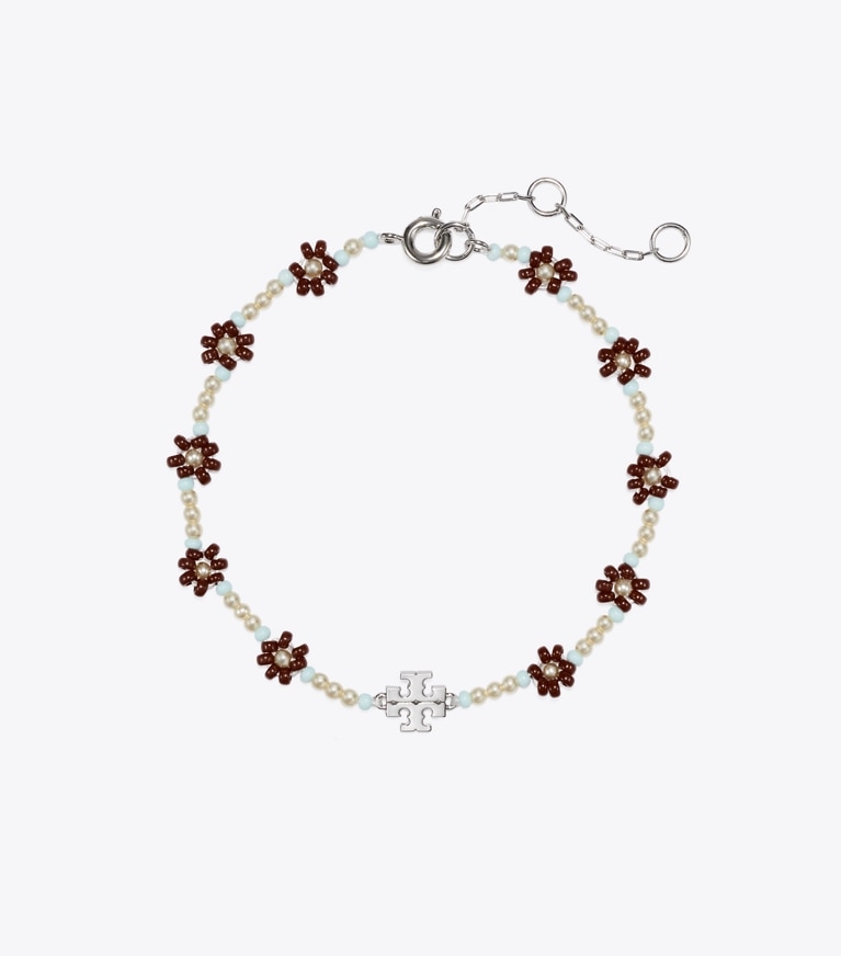 Tory Burch designer bracelets Curiosity Beaded Flower Bracelet in Dark Brown front