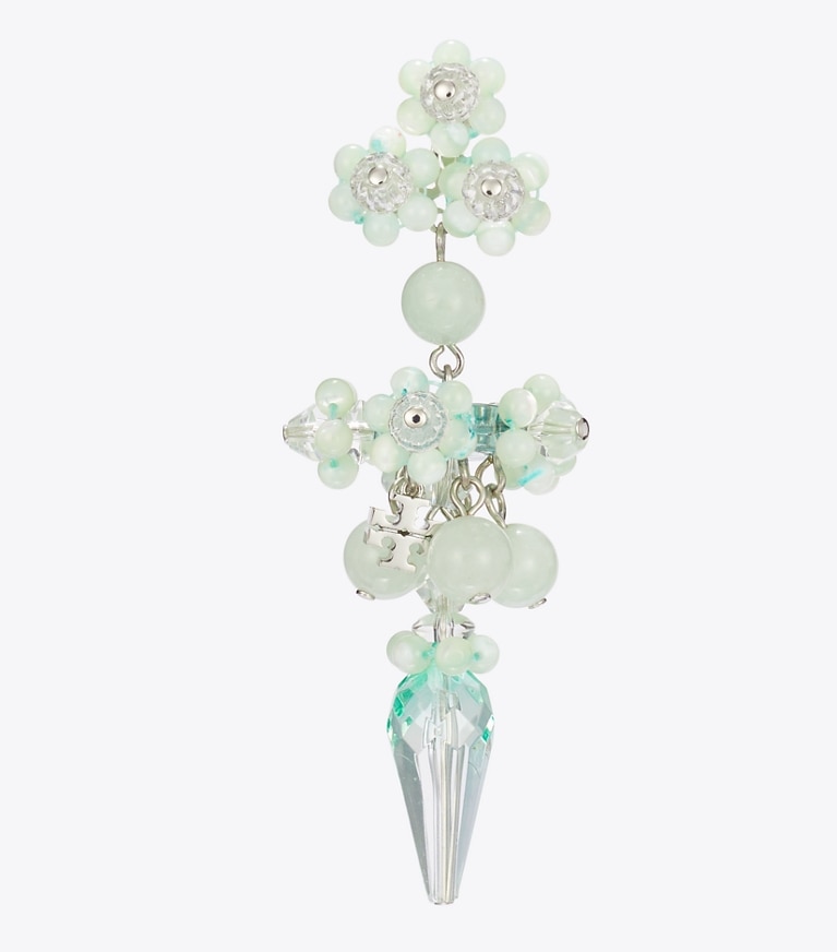Tory Burch designer earrings Curiosity Beaded Linear Earrings in Tory Silver / Mint detail