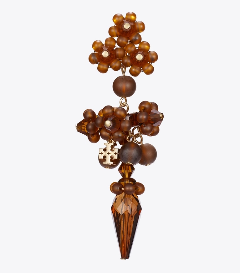 Tory Burch designer earrings Curiosity Beaded Linear Earrings in Tory Gold / Brown detail