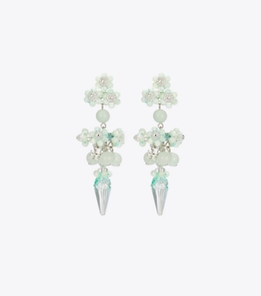 Tory Burch designer earrings Curiosity Beaded Linear Earrings in Tory Silver / Mint front