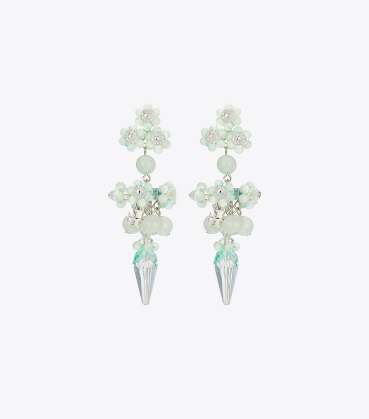 Tory Burch designer earrings Curiosity Beaded Linear Earrings in Tory Silver / Mint front