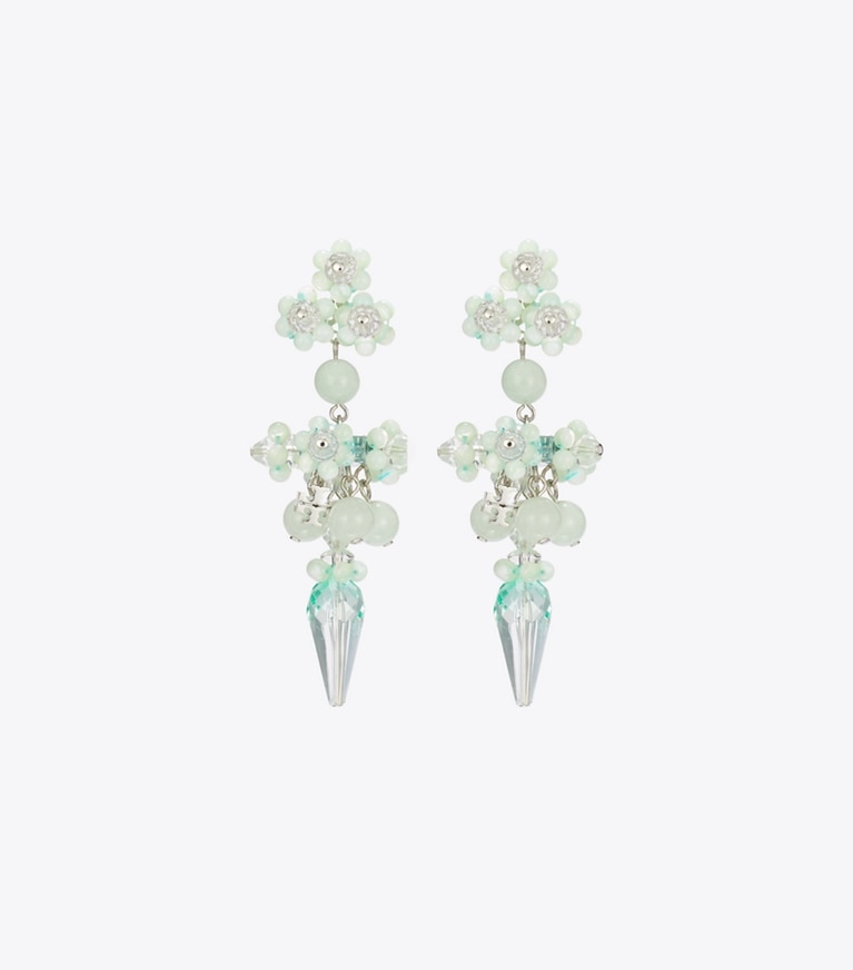 Tory Burch designer earrings Curiosity Beaded Linear Earrings in Tory Silver / Mint front