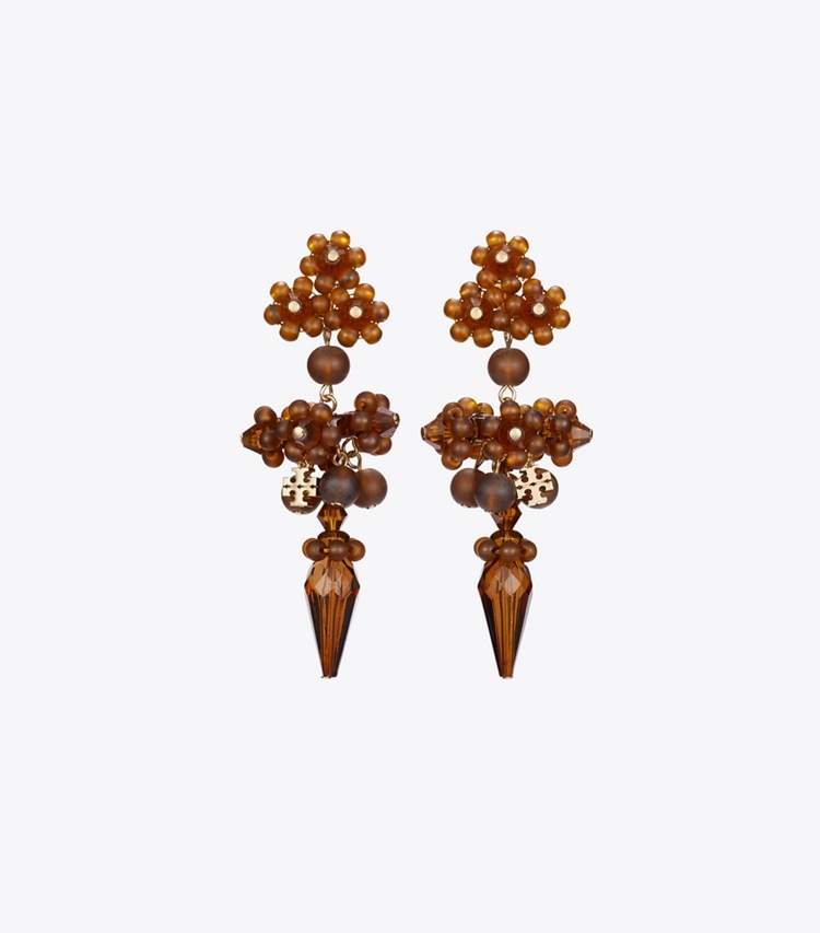 Tory Burch designer earrings Curiosity Beaded Linear Earrings in Tory Gold / Brown front