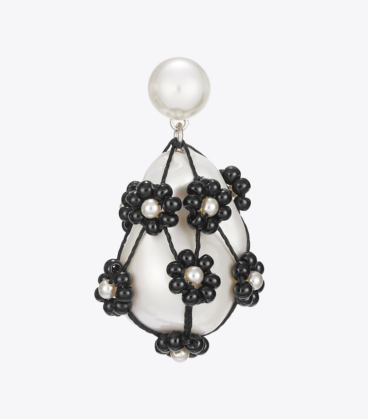 Tory Burch designer earrings Curiosity Beaded Pearl Drop Earrings in Tory Silver / Black detail
