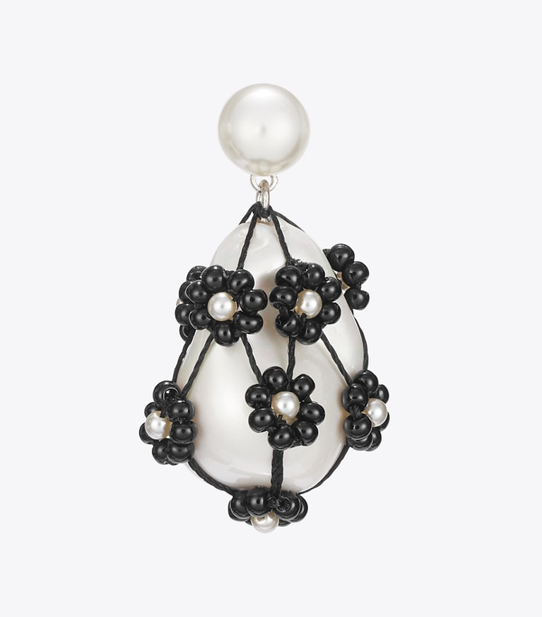 Tory Burch designer earrings Curiosity Beaded Pearl Drop Earrings in Tory Silver / Black detail