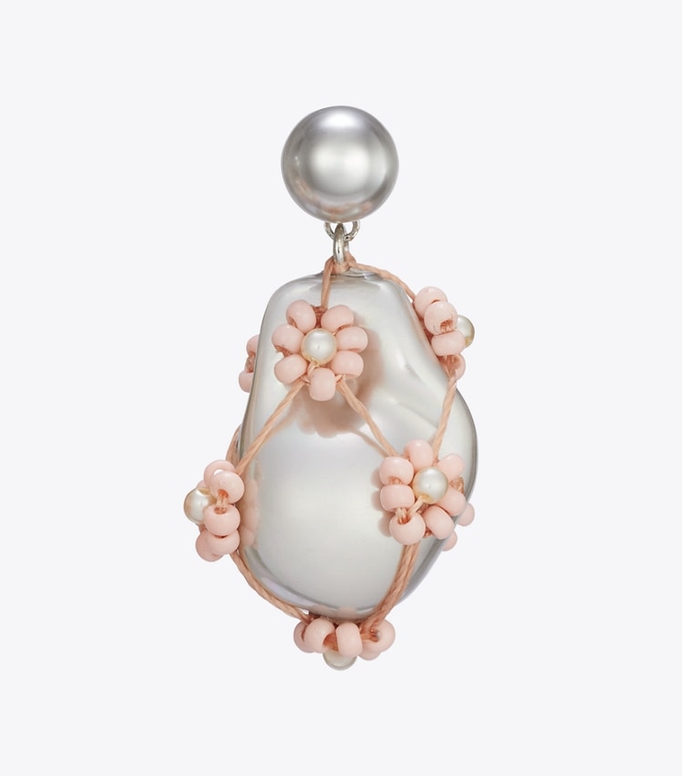 Tory Burch designer earrings Curiosity Beaded Pearl Drop Earrings in Tory Gold / Pink detail