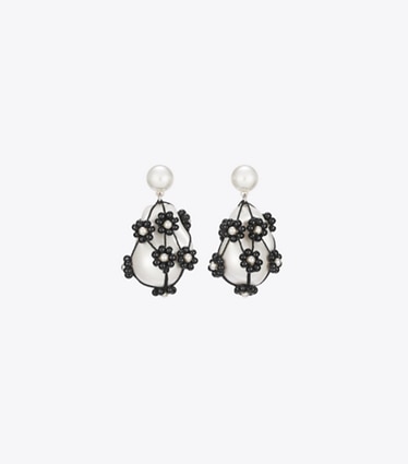 Tory Burch designer earrings Curiosity Beaded Pearl Drop Earrings in Tory Silver / Black front