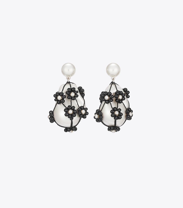Tory Burch designer earrings Curiosity Beaded Pearl Drop Earrings in Tory Silver / Black front