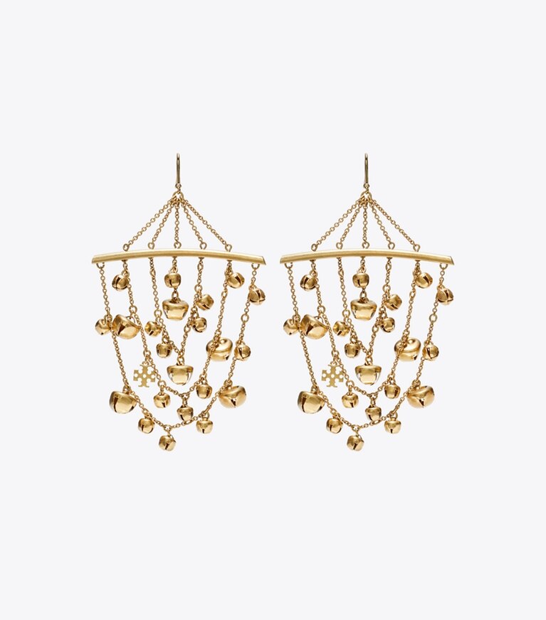 Tory Burch designer earrings Curiosity Bell Earrings in Antique Light Brass front