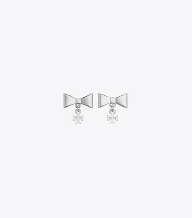 Tory Burch designer earrings Curiosity Bow Earrings in Tory Silver front