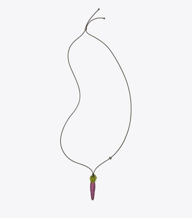 Tory Burch designer necklaces Curiosity Carrot Pendant in Purple / Green front