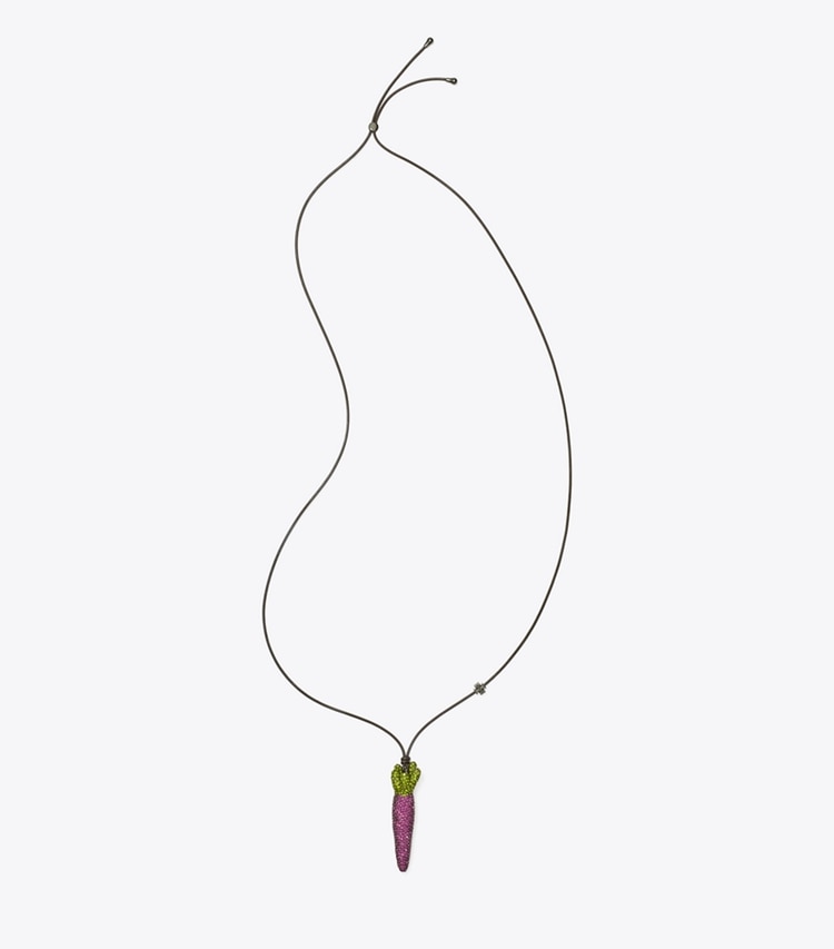 Tory Burch designer necklaces Curiosity Carrot Pendant in Purple / Green front