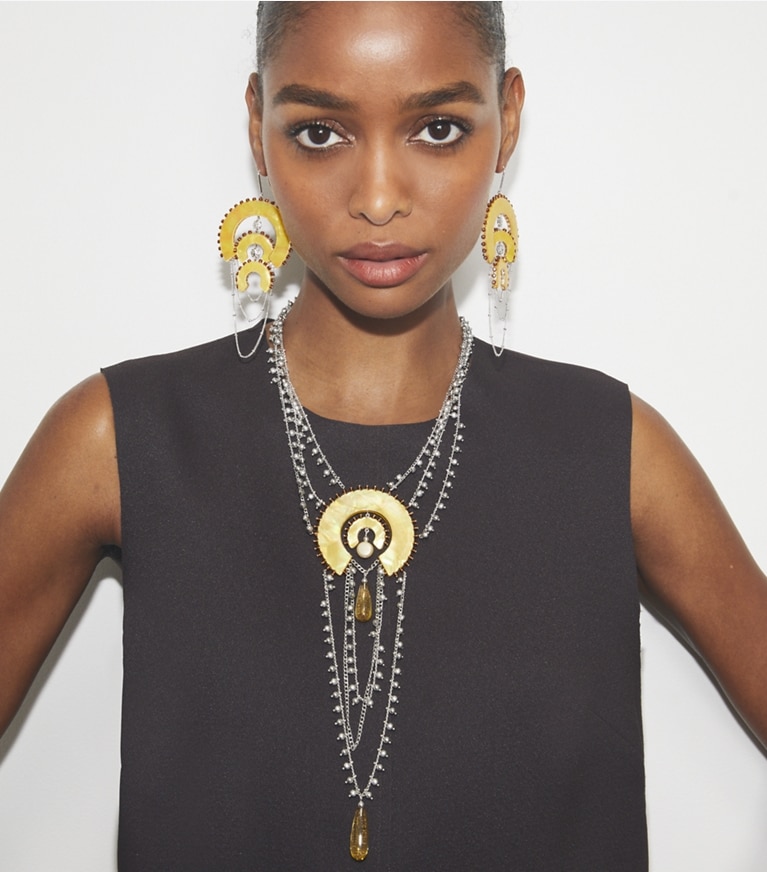 Tory Burch designer earrings Curiosity Chandelier Earrings in Antique Light Silver / Yellow front