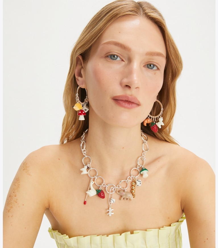 Tory Burch designer halsketten Curiosity Charm Halskette in Light Silver / Multi front