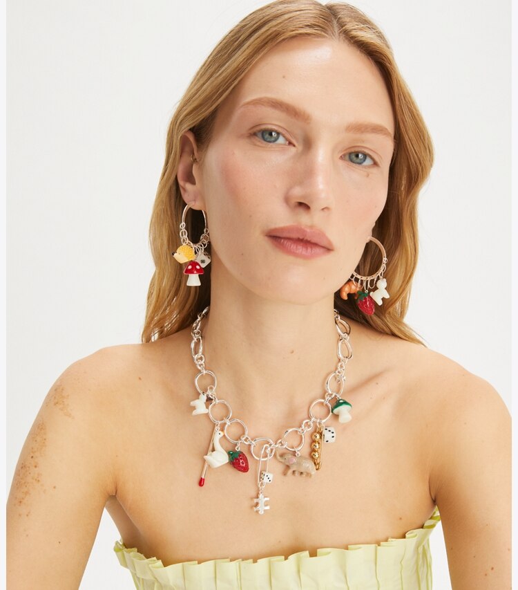 Tory Burch designer necklaces Curiosity Charm Necklace in Light Silver / Multi accessory on model