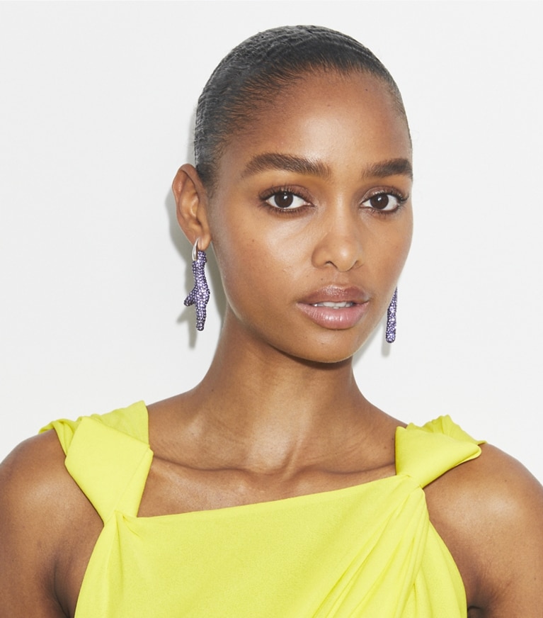 Tory Burch designer earrings Curiosity Coral Hoop Earrings in Light Silver / Purple front