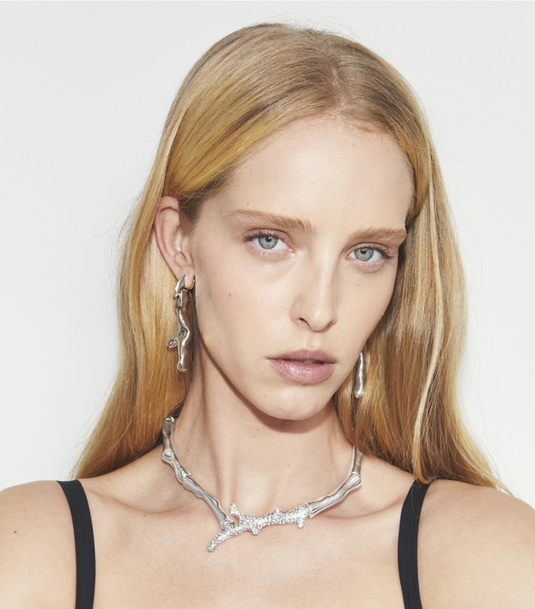 Tory Burch designer necklaces Curiosity Coral Necklace in Light Silver / Crystal accessory on model