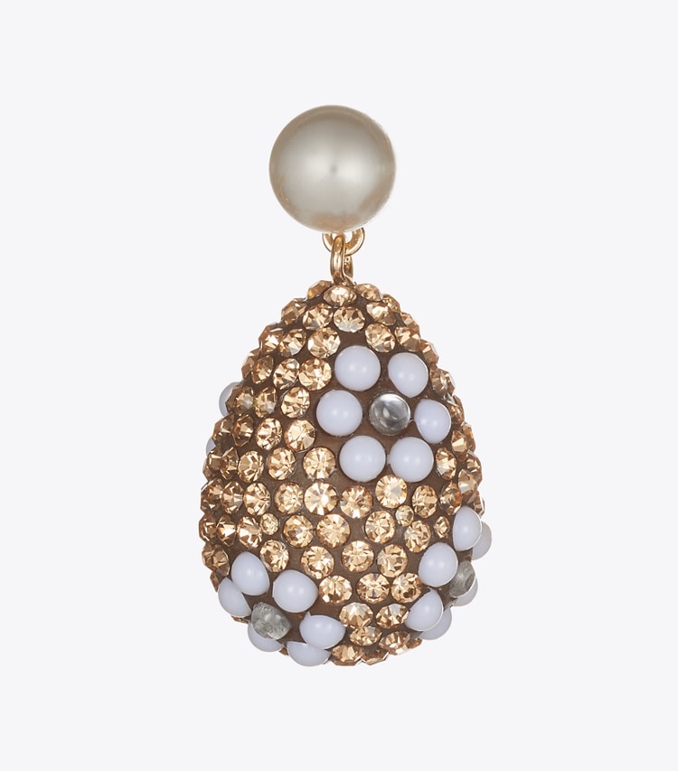 Tory Burch designer earrings Curiosity Crystal Pearl Drop Earrings in Tory Gold / Light Brown detail