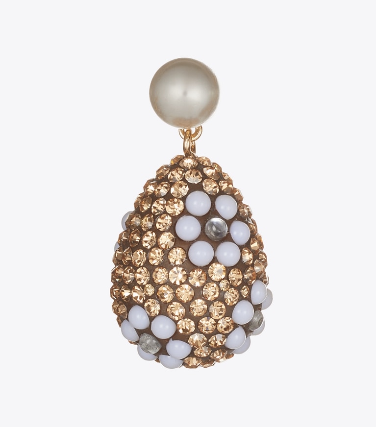 Tory Burch designer earrings Curiosity Crystal Pearl Drop Earrings in Tory Gold / Light Brown detail