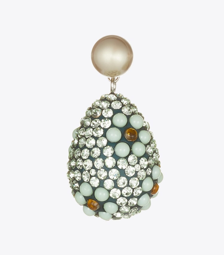 Tory Burch designer earrings Curiosity Crystal Pearl Drop Earrings in Tory Silver / Mint detail