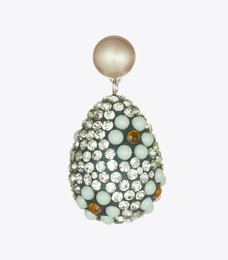 Tory Burch designer earrings Curiosity Crystal Pearl Drop Earrings in Tory Silver / Mint detail