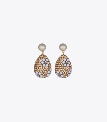 Tory Burch designer earrings Curiosity Crystal Pearl Drop Earrings in Tory Gold / Light Brown front