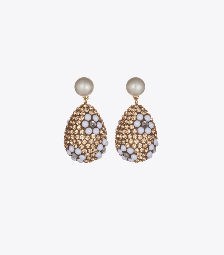Tory Burch designer earrings Curiosity Crystal Pearl Drop Earrings in Tory Gold / Light Brown front