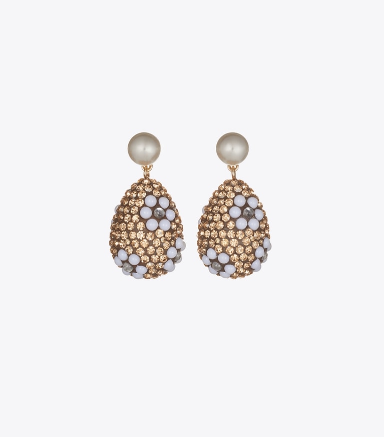Tory Burch designer earrings Curiosity Crystal Pearl Drop Earrings in Tory Gold / Light Brown front