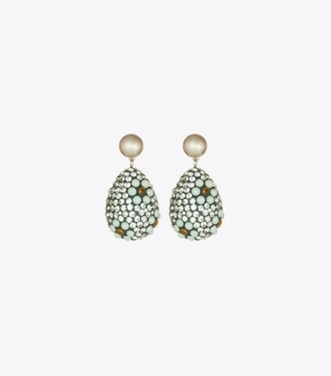 Tory Burch designer earrings Curiosity Crystal Pearl Drop Earrings in Tory Silver / Mint front