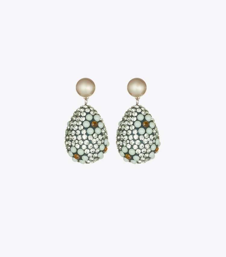 Tory Burch designer earrings Curiosity Crystal Pearl Drop Earrings in Tory Silver / Mint front