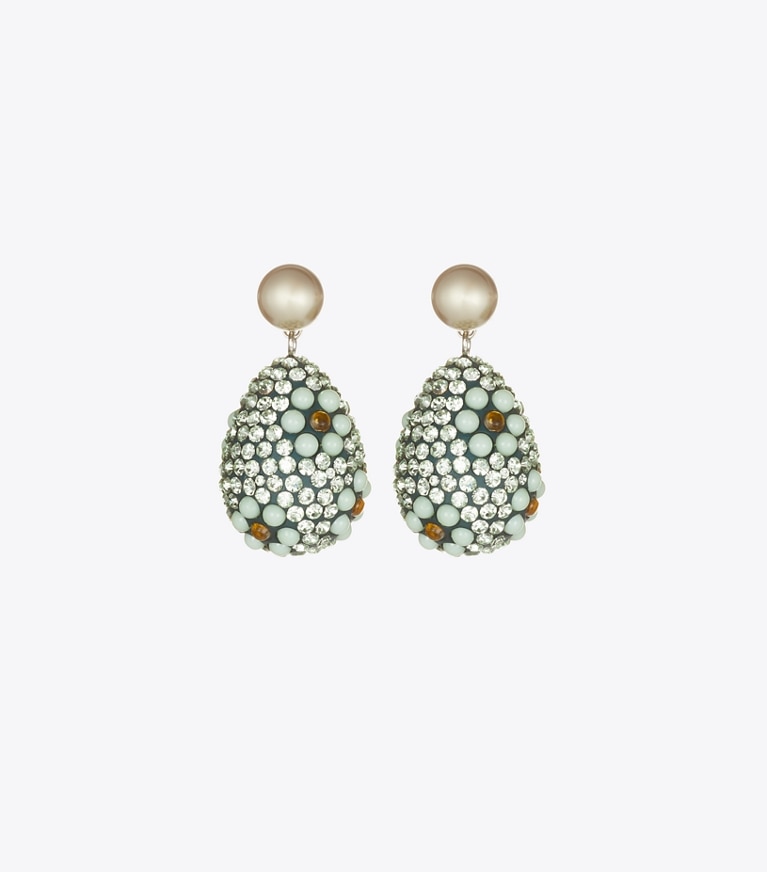 Tory Burch designer earrings Curiosity Crystal Pearl Drop Earrings in Tory Silver / Mint front
