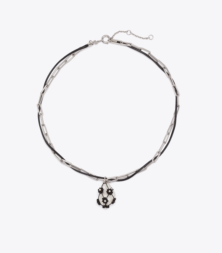 Tory Burch designer necklaces Curiosity Double-Strand Pearl Pendant in Tory Silver / Black front