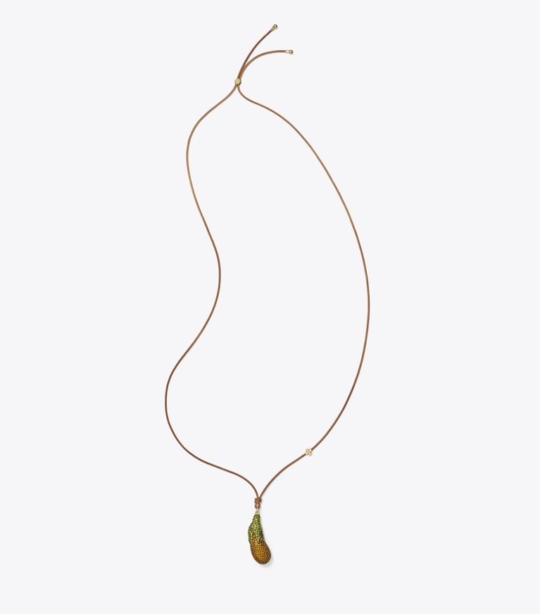 Tory Burch designer necklaces Curiosity Eggplant Pendant in Vachetta / Orange front
