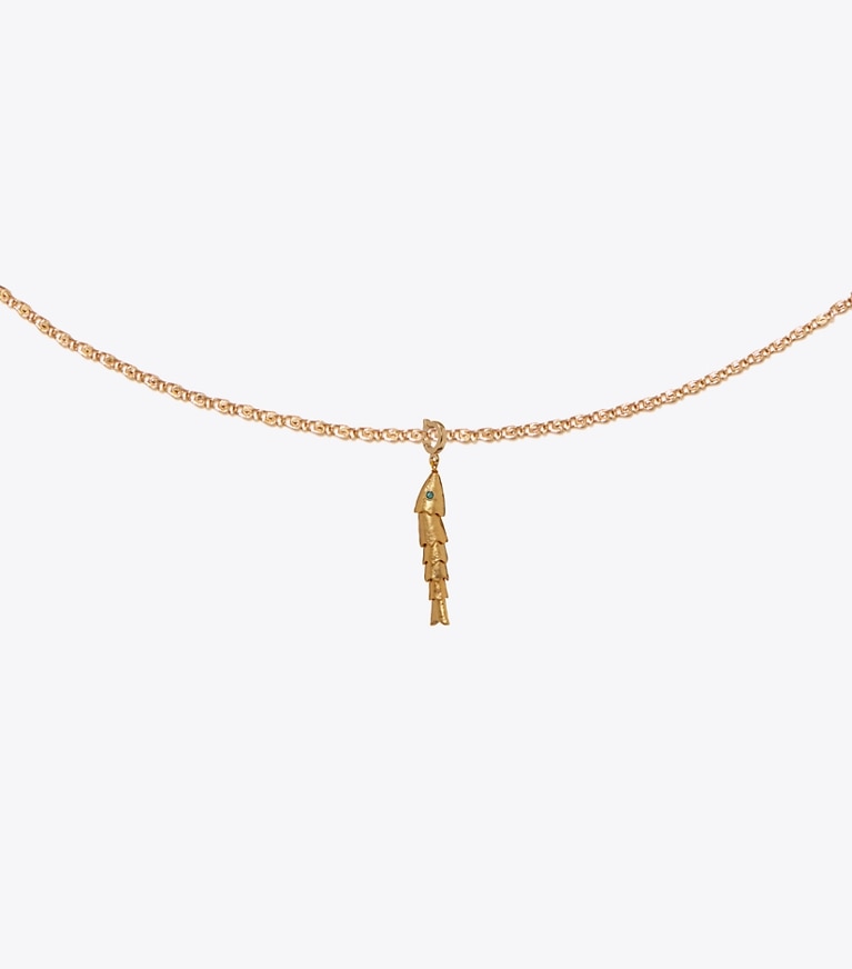 Tory Burch designer hair pins Curiosity Fish Charm in Rolled Light Brass detail