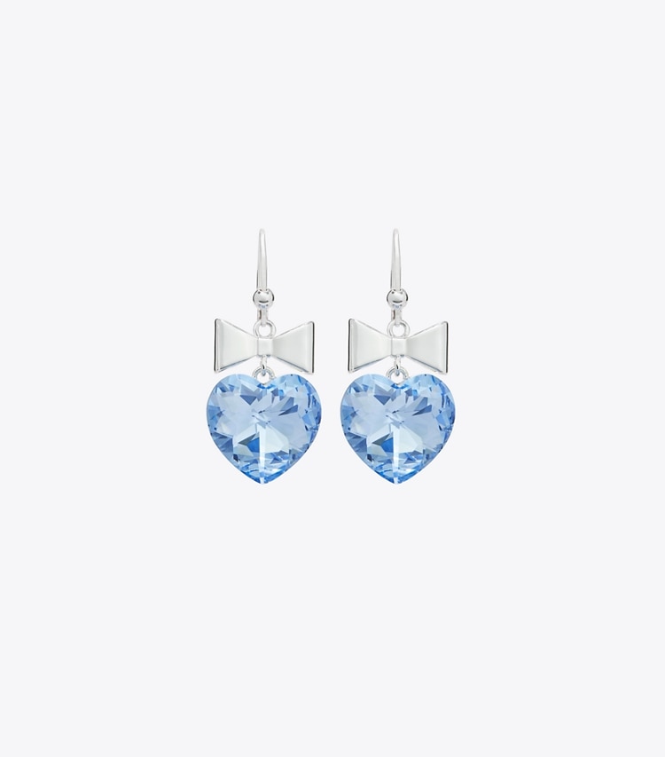 Tory Burch designer earrings Curiosity Heart and Bow Earrings in Light Silver / Blue detail