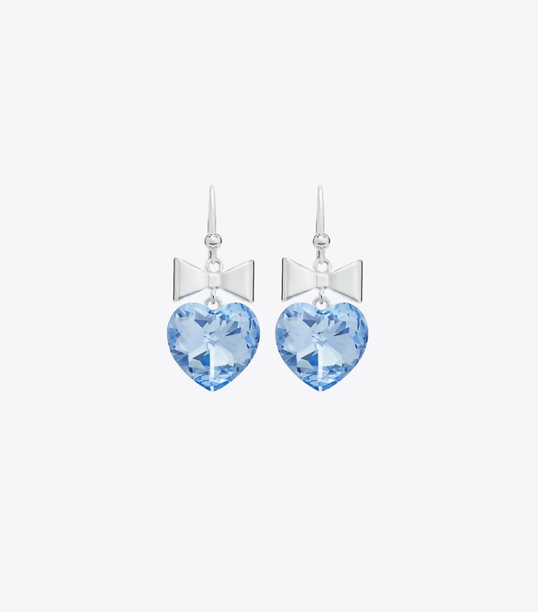 Tory Burch designer earrings Curiosity Heart and Bow Earrings in Light Silver / Blue detail