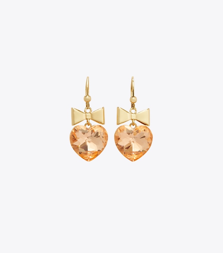 Tory Burch designer earrings Curiosity Heart and Bow Earrings in Tory Gold / Papaya Pink detail