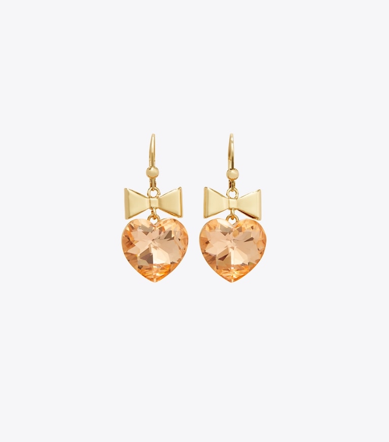 Tory Burch designer earrings Curiosity Heart and Bow Earrings in Tory Gold / Papaya Pink detail