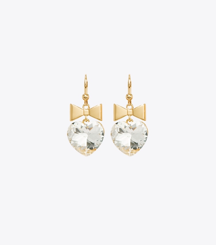 Tory Burch designer earrings Curiosity Heart and Bow Earrings in Tory Gold / Crystal detail