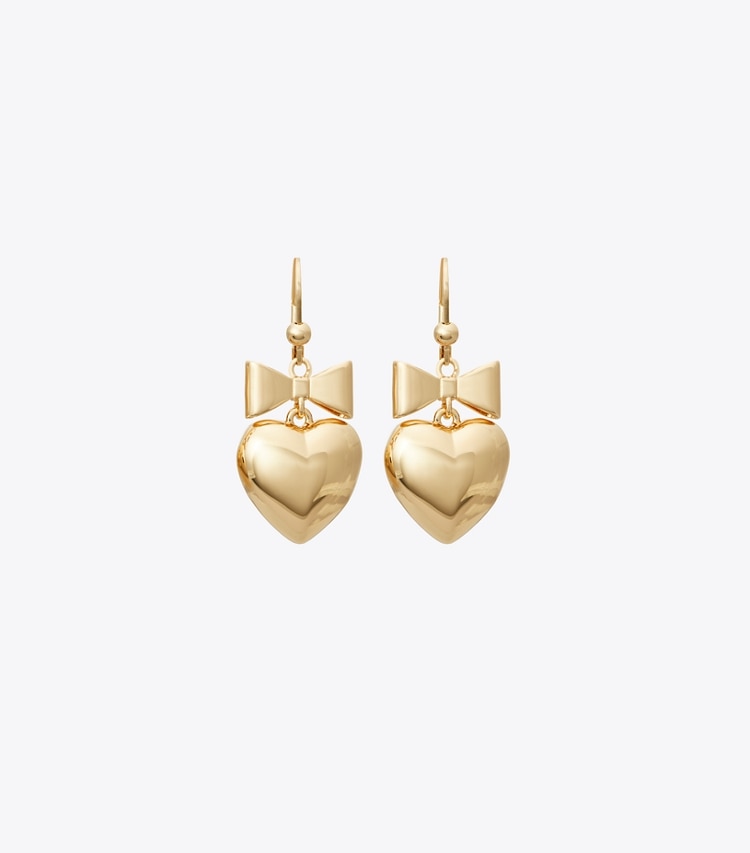 Tory Burch designer earrings Curiosity Heart and Bow Earrings in Tory Gold detail