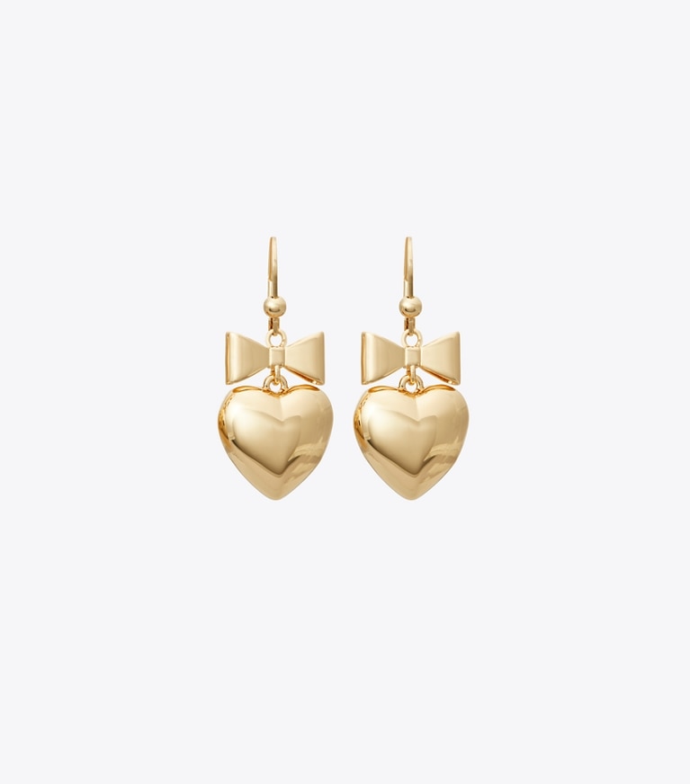 Tory Burch designer earrings Curiosity Heart and Bow Earrings in Tory Gold front