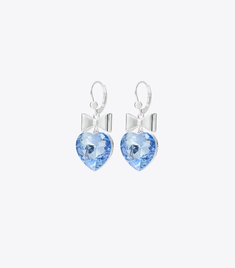 Tory Burch designer earrings Curiosity Heart and Bow Earrings in Light Silver / Blue front
