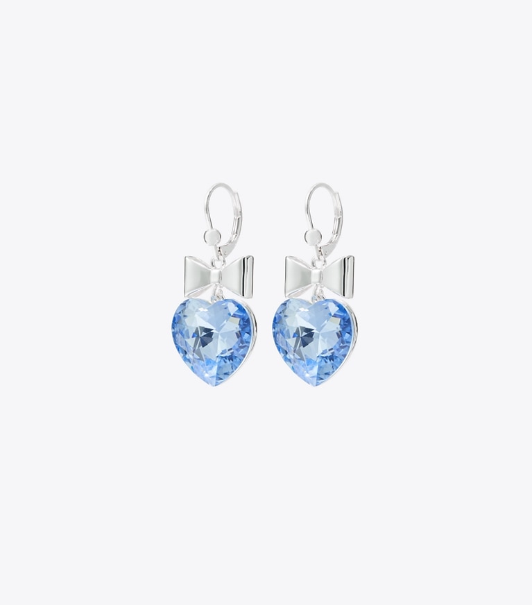 Tory Burch designer earrings Curiosity Heart and Bow Earrings in Light Silver / Blue front