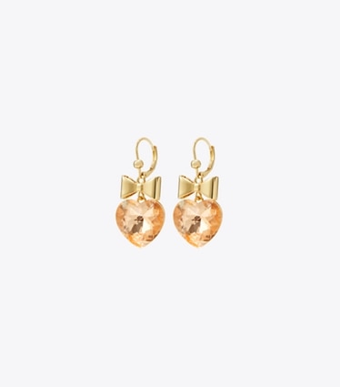 Tory Burch designer earrings Curiosity Heart and Bow Earrings in Tory Gold / Papaya Pink front