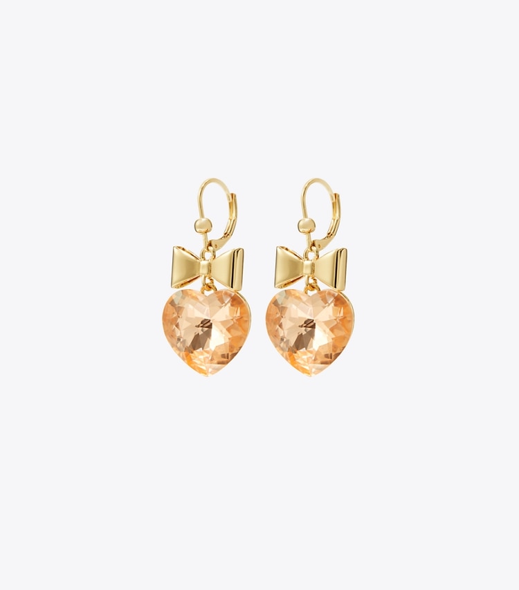 Tory Burch designer earrings Curiosity Heart and Bow Earrings in Tory Gold / Papaya Pink front